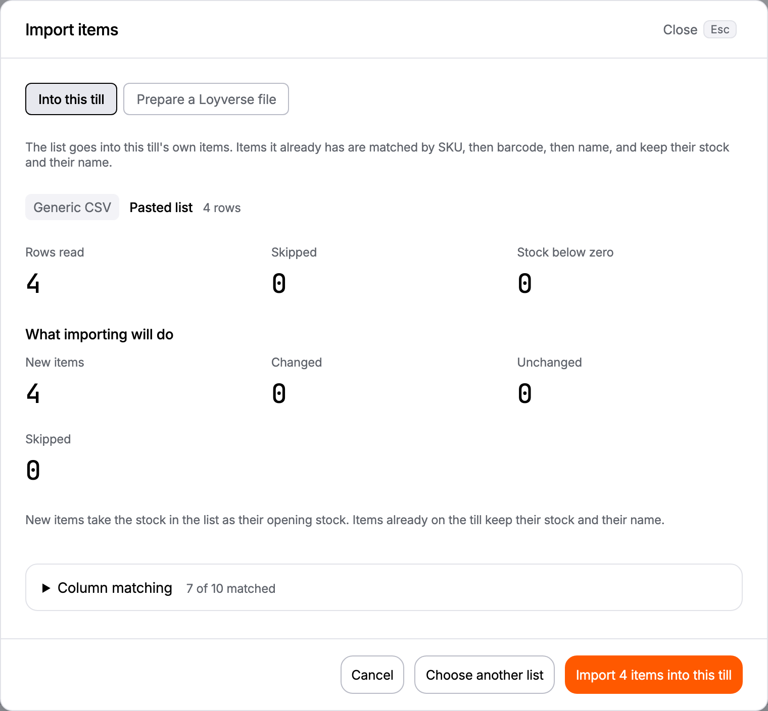 The import review, showing rows read, new items, changed, unchanged and skipped, and the Import button