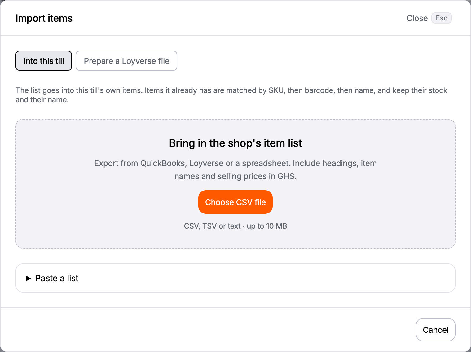 The Import items screen with the Choose CSV file button