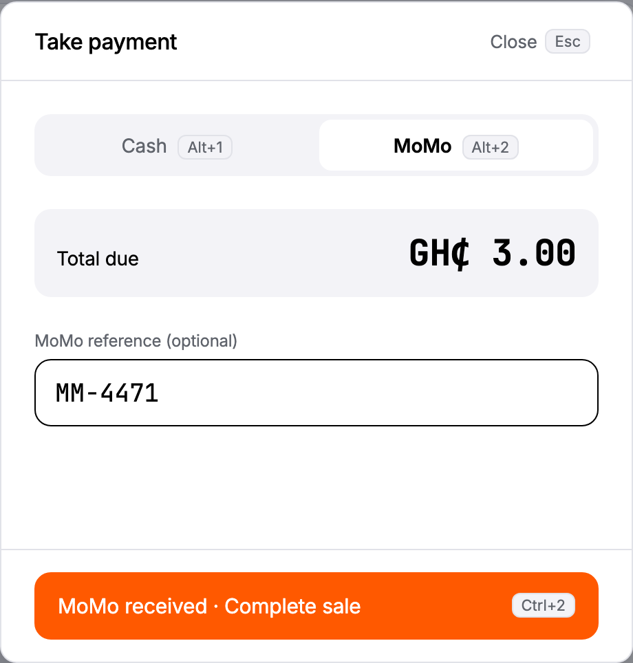 Take payment, on the MoMo tab, with the MoMo received button