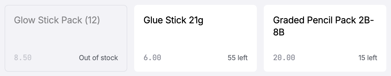 Three item tiles, the first faded and marked Out of stock