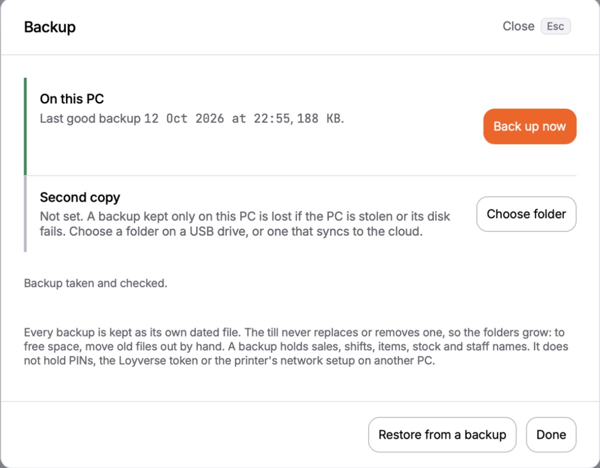 The Backup screen: Last good backup, Back up now, and Second copy with Choose folder