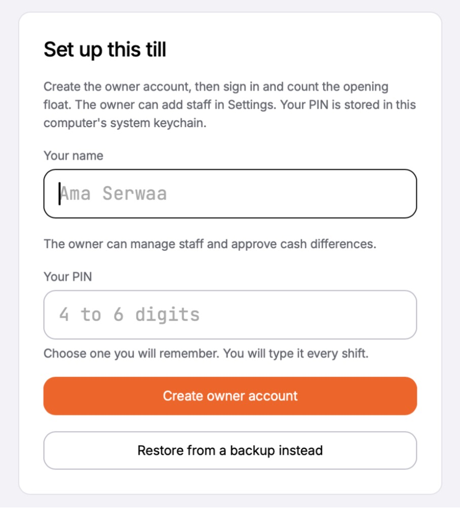 The first screen of a new till: Set up this till, with Your name, Your PIN and Create owner account