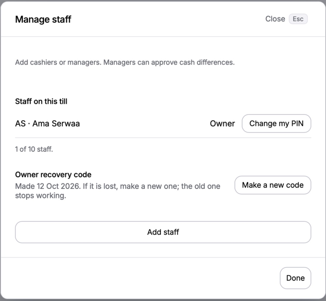 Manage staff on a new till: the owner, the recovery code and Add staff