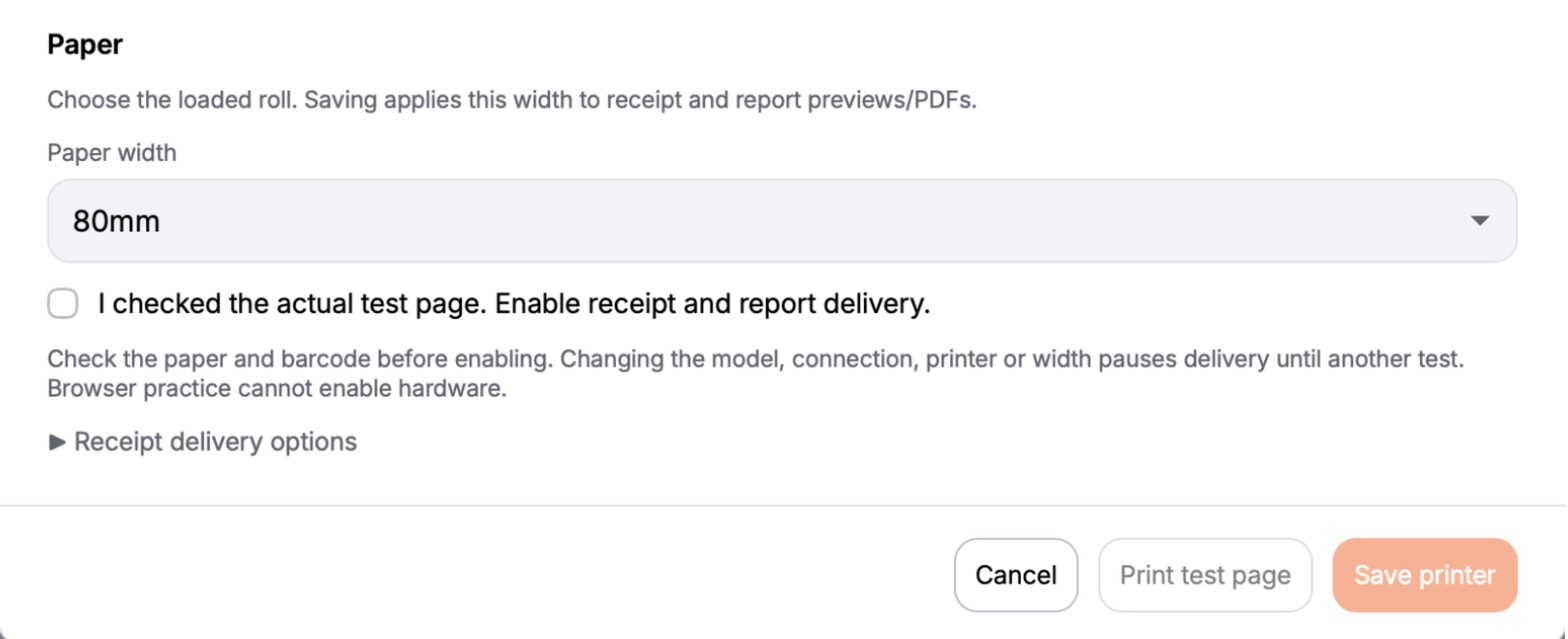 The foot of the Receipt printer screen: the test page tick box, Print test page and Save printer