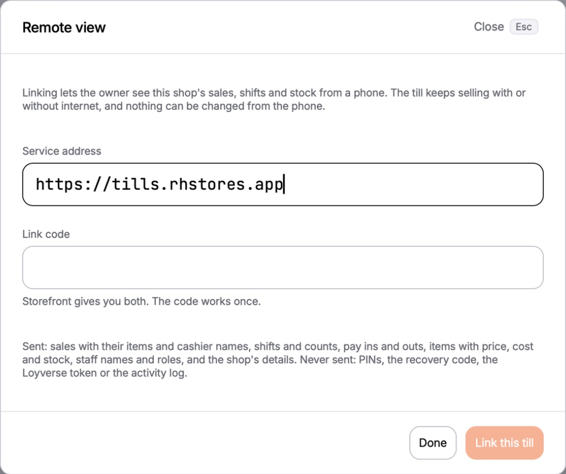 Remote view with the service address typed in and the link code box empty