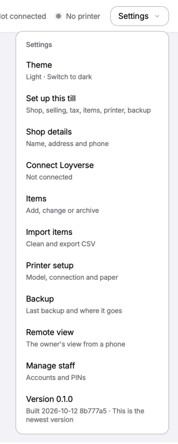The Settings menu open, ending with the version and build line