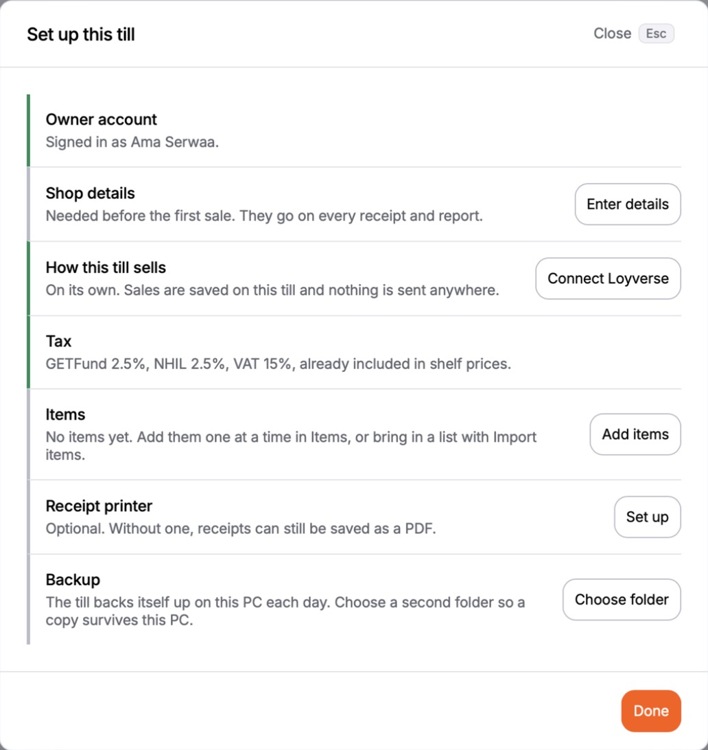 The Set up this till page on a new till: owner account, how this till sells and tax are done; shop details, items, receipt printer and backup are not