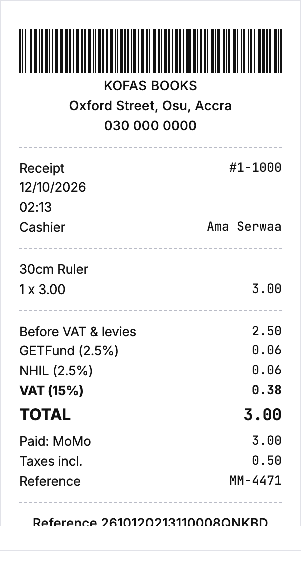 A receipt for a MoMo sale, showing Paid: MoMo