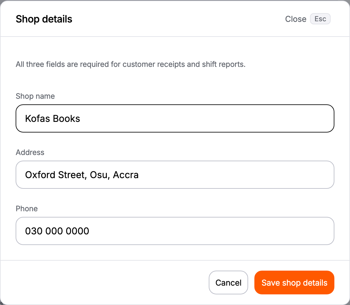 The Shop details screen with name, address and phone